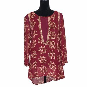 Burgundy Red Tunic Top Beige Petal Bead Embellish Long Sheer India IMAGE OF ME S